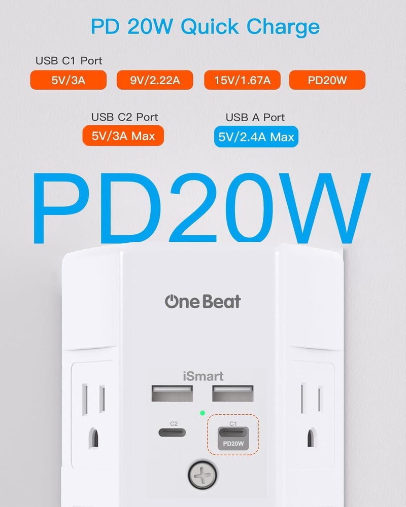 One Beat Multi Plug Outlet, Surge Protector, 5 Outlet Extender with 4 USB Ports (2 USB-C), PD 20W Wall Charger, 3-Sided 1800J Power Strip Outlets Splitter Wall Plug Adapter Spaced for Home Office, White - Image 2